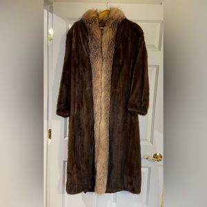 Long Mahogany Mink coat with Fox fur trim, L